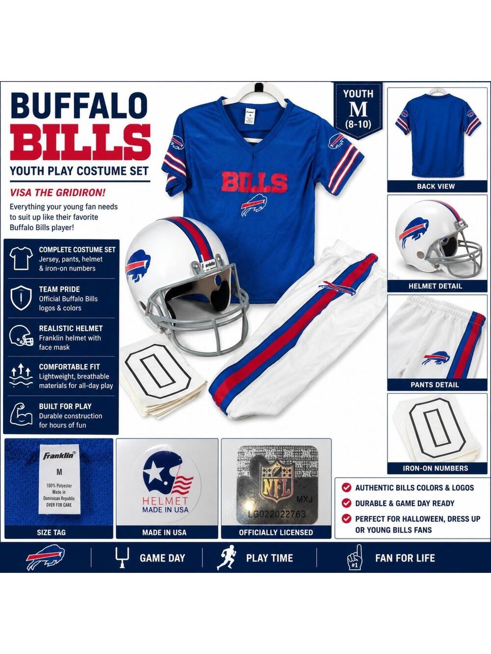 Buffalo Bills Youth Medium NFL Football Costume Helmet Jersey Pants Dress Up Fan